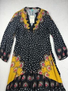 FARM Rio Anthropologie Mixed Floral Maxi Dress XL Black Mustard Soutache *FLAWS*